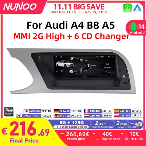 CarPlay For Audi A4 B8 A5 2008 2009 2010 MMI 2G 하이 CD 체인저 안드로이드 14 8 + 128GB 차량용 멀티미디어 플레이어 스테레오 GPS Navi 스크린