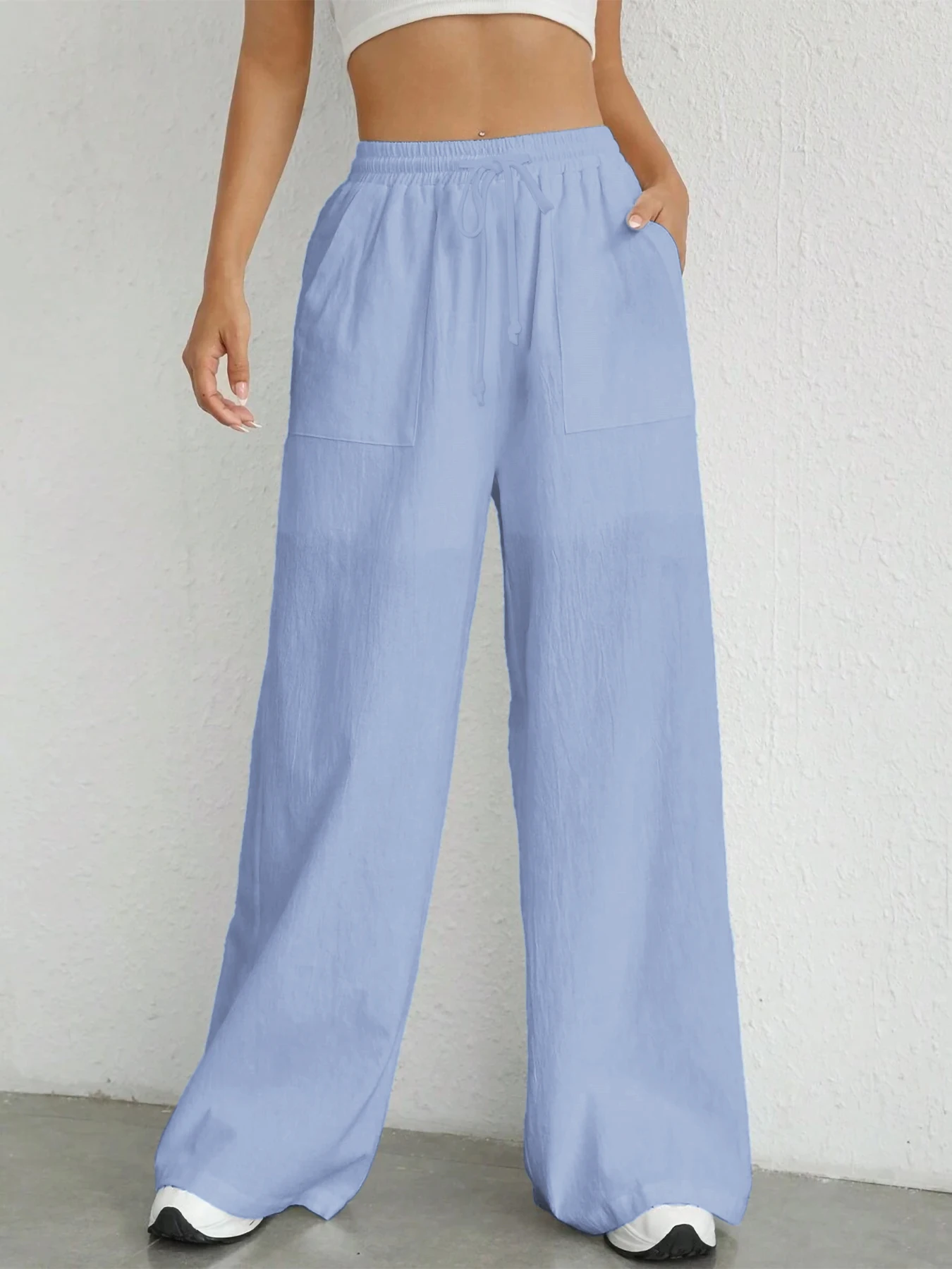 Damen-Hose in Unifarbe, lockere Hose mit weitem Bein, lässige Hose mit Kordelzug, gerade Hose mit Taschen, lässige Hose, lockere Hose mit hoher Taille – Detail 8