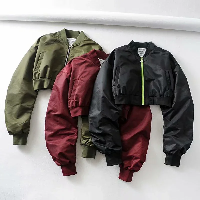 High Waisted Cropped Flight Jacket Women Spring Autumn Long Sleeved Folds Zipper Outerwear Casual Loose-fit Bomber Jackets Coat