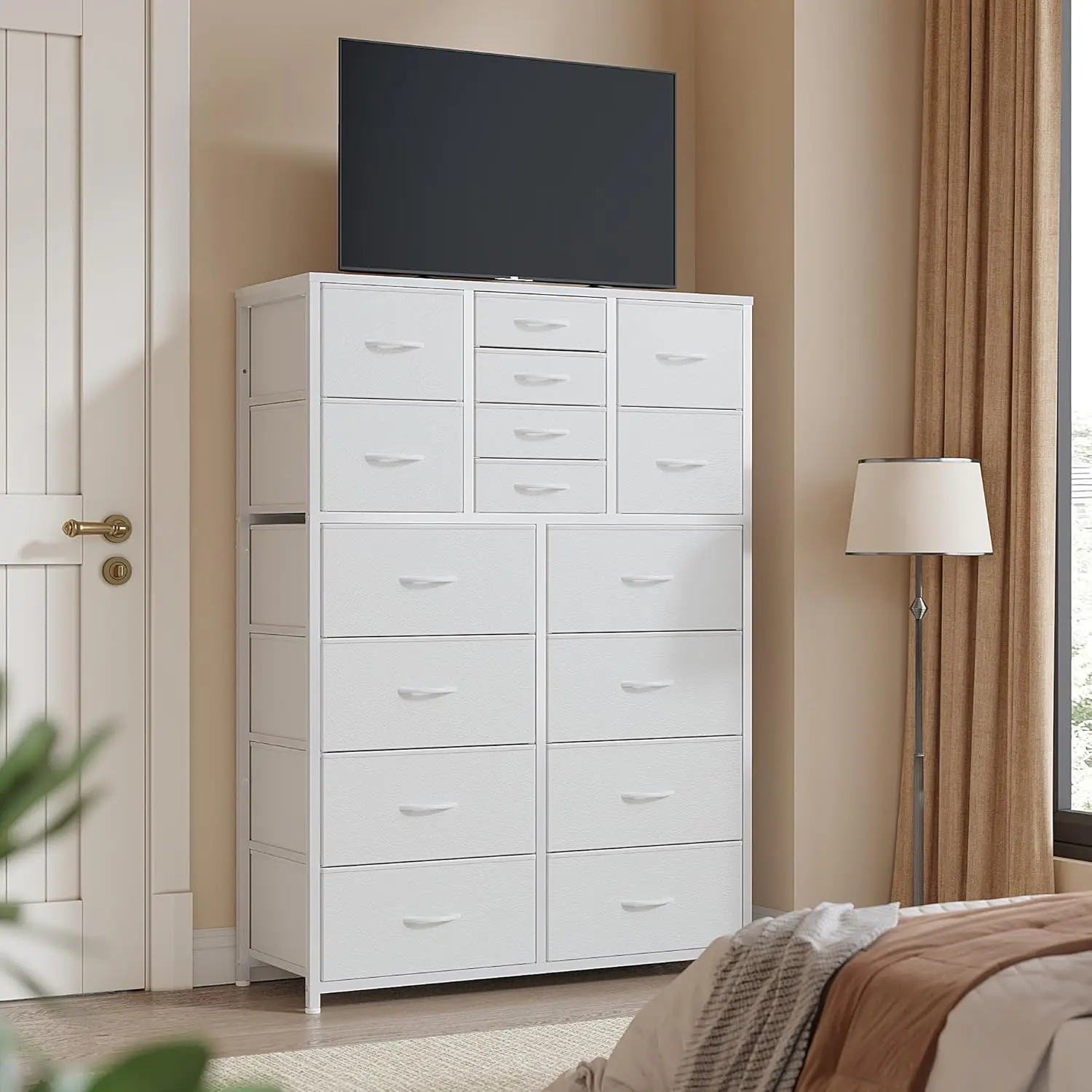 White Dresser,Dresser for Bedroom with 16 Drawers, Tall Dressers & Chests of Drawers with Wood Top, Metal Frame,Tall