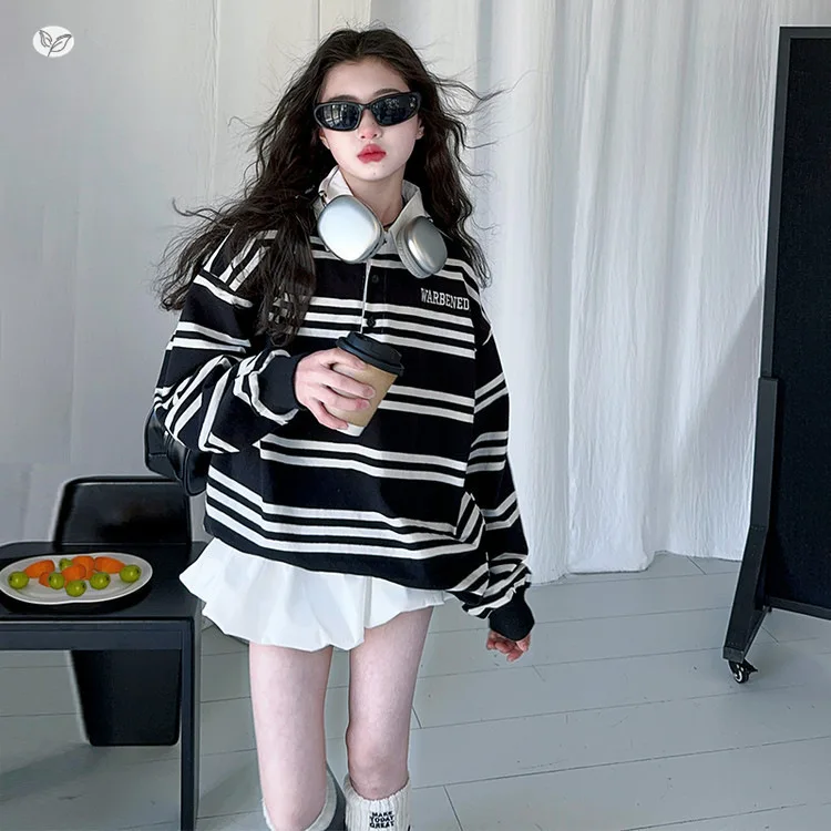korean-autumn-junior-girls-outfit-school-girls-letter-printed-striped-sweatshirt-kids-girls-solid-skirt-children-girls-2pcs-sets