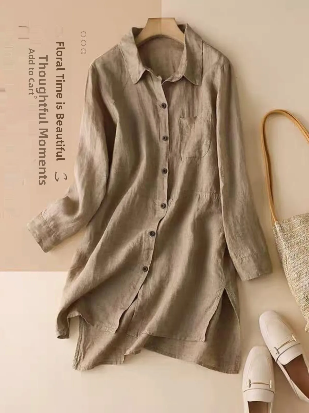 

Высококачественный весенний длинный све, хлопково-льняной топ размера плюс для похудения, универсальный открытый кардиган средней длины для женщин