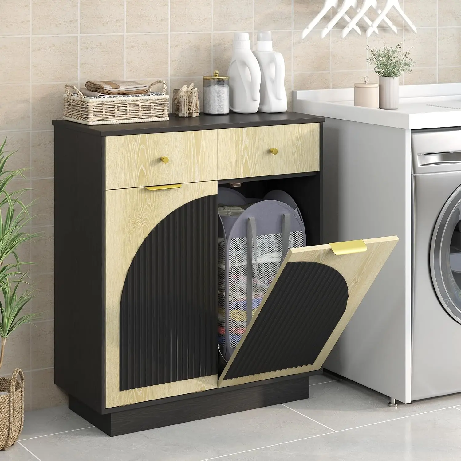 Double Laundry Hamper Cabinet with 2 Drawers, Accent Storage Cabinet with Grooved Arched Doors for Bathroom, Living, Customized