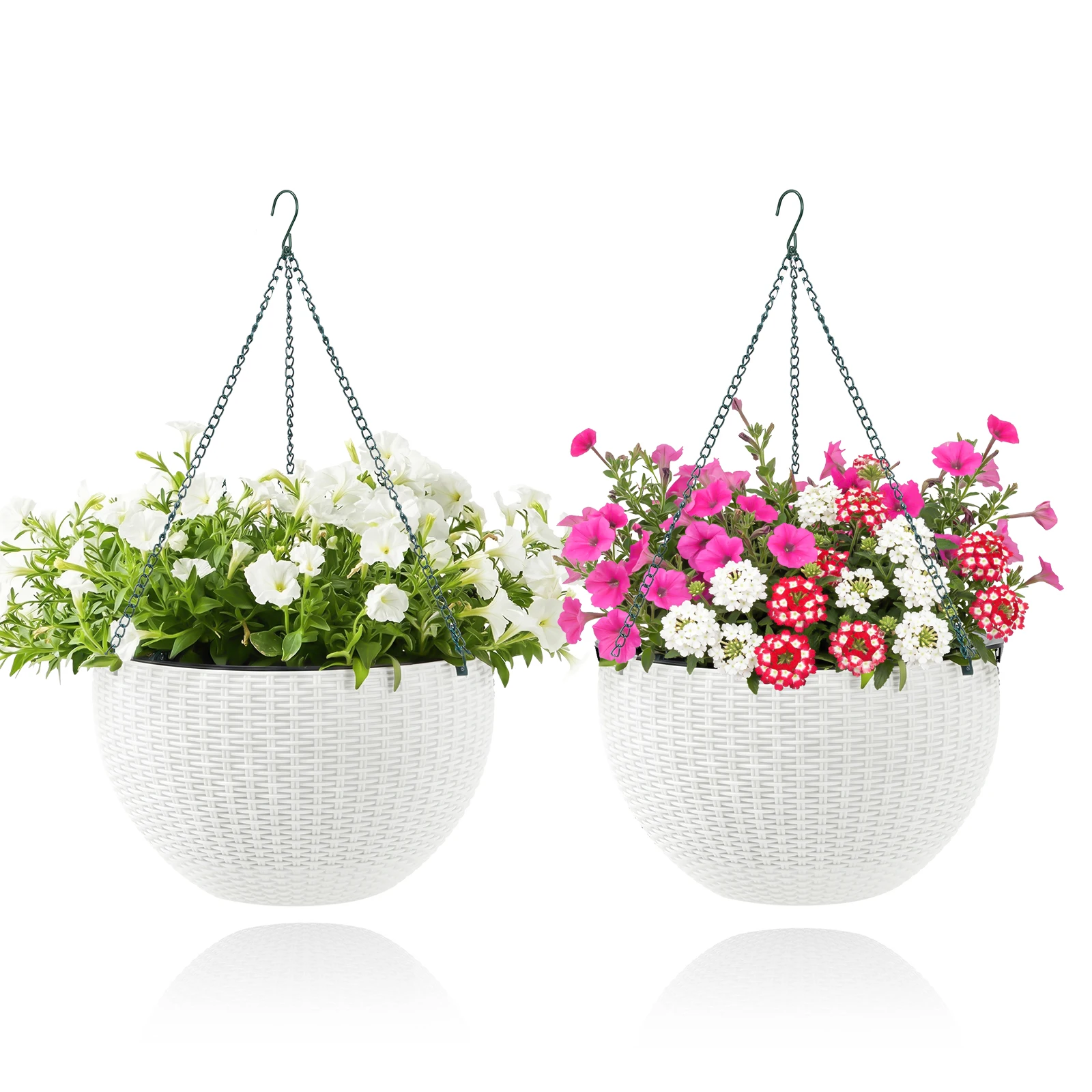 13.6 Inch Self Watering Hanging Planter, 2 Pack Round Resin Hanging Flower Pot with Drainage Hole & Deep Inner Pot & Metal Chain for Garden