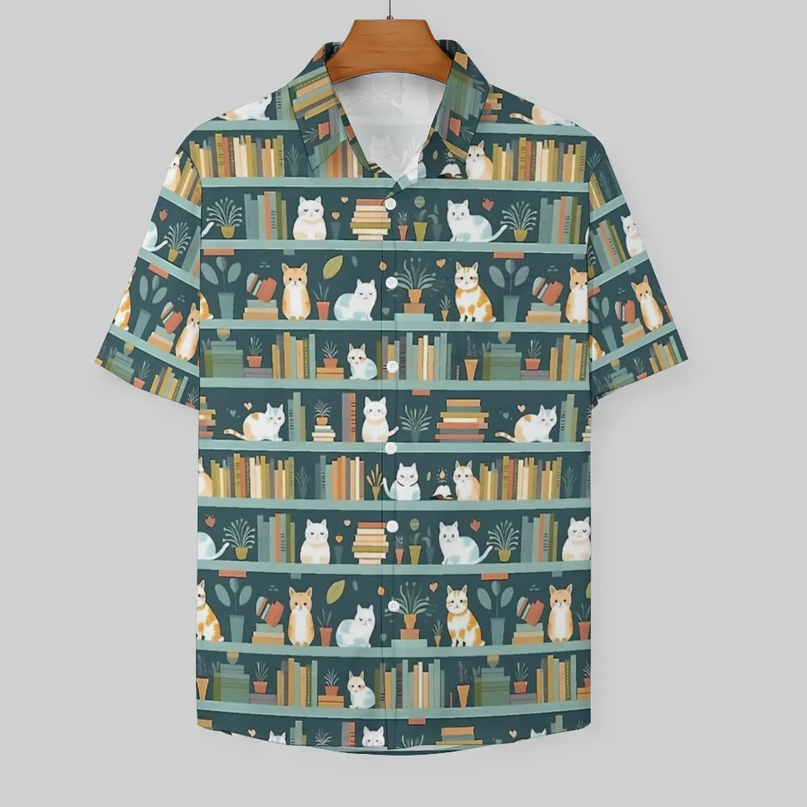 Cats In Vacation Shirt Library Cat Summer Casual Shirts Man Elegant Blouses Short Sleeve Korean Fashion Graphic Top