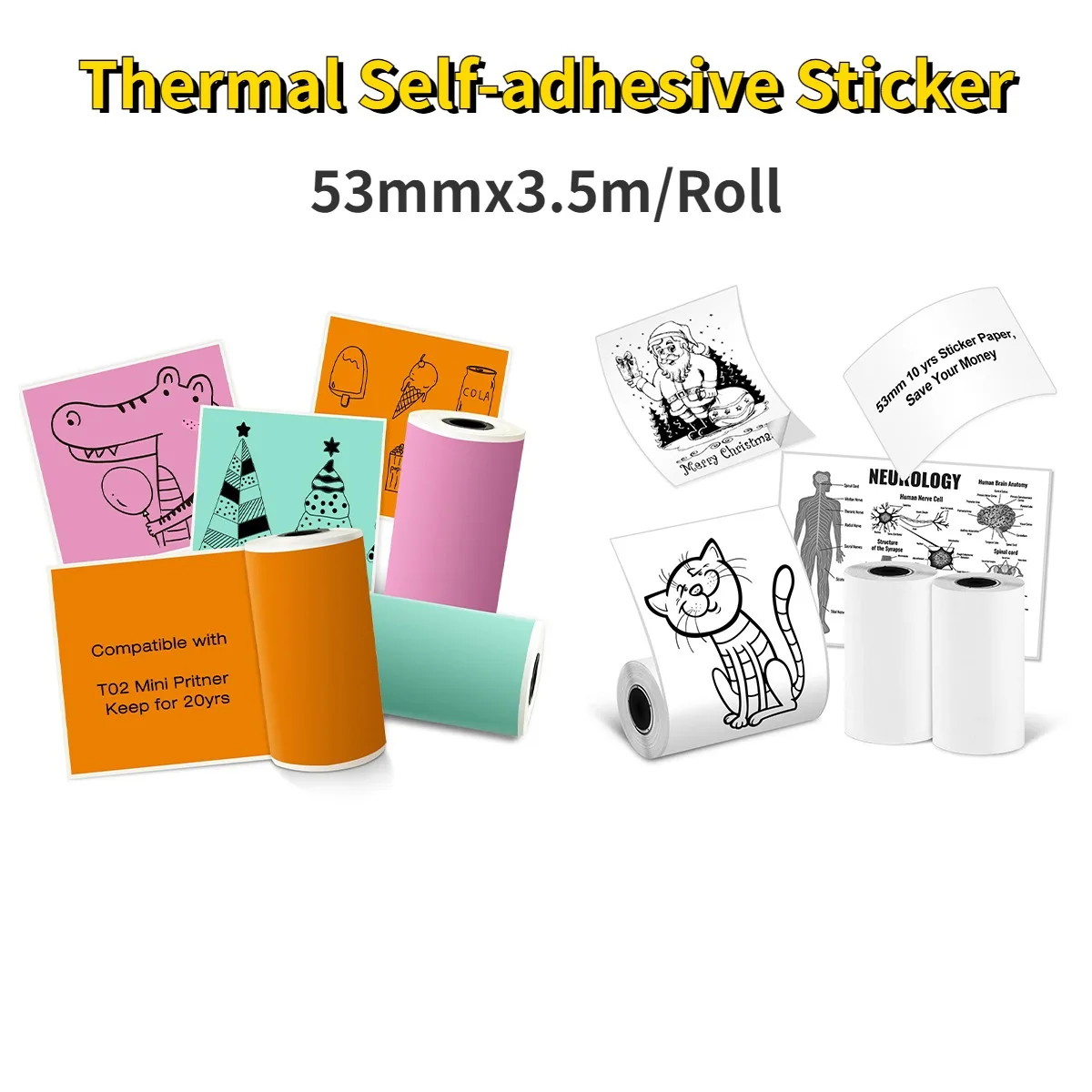 Thermal Paper- White/Color/Trans Sticky For Phomemo/Memoking M02/T02 Mini Printer 50mmx3.7m for Journal Photo Text Notes,3 Rolls