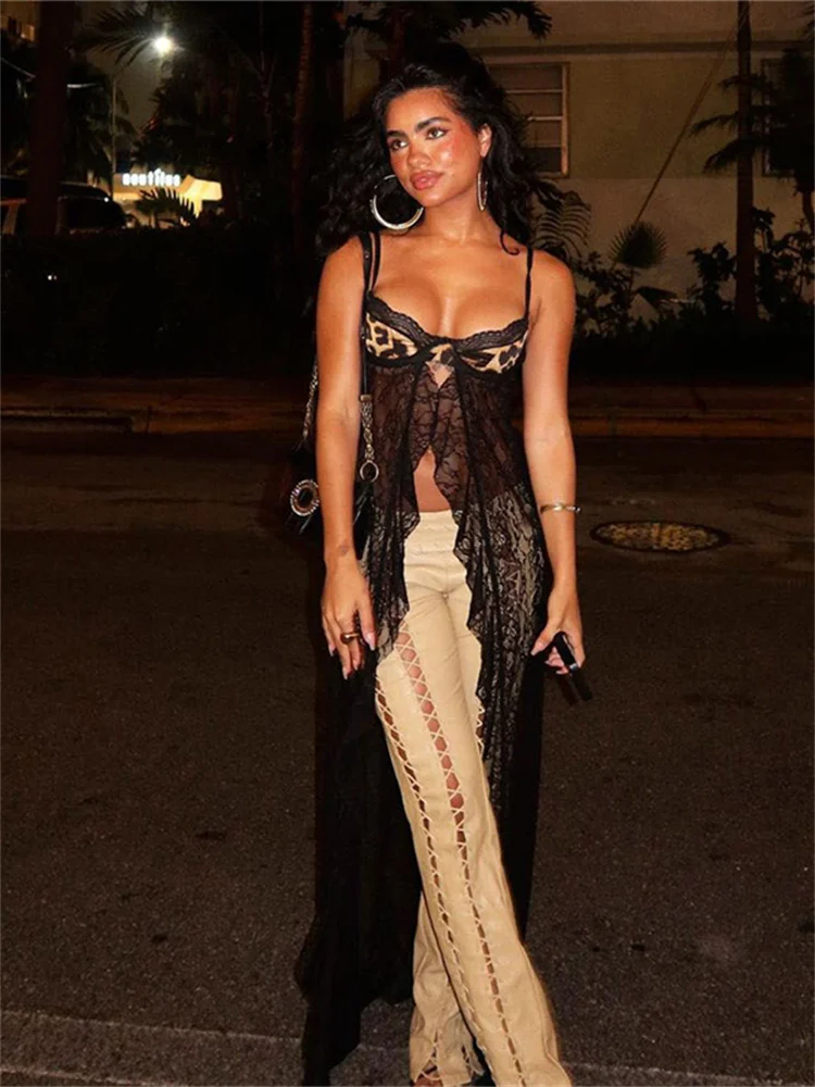 

Whatiwear Backless Fashion Camisole Women Leopard Mesh Patchwork Ruffles Hot Girl Midnight Club Party Wild Coquette Maxi Tops