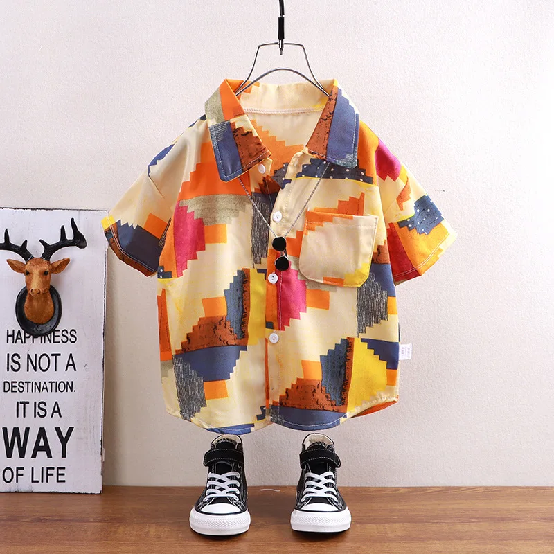 2024 Kids Clothes Boy Summer Fashion Short-sleeved Shirt Children Hong Kong Style Top Shirts Beach Shirt Multiple Patterns Top