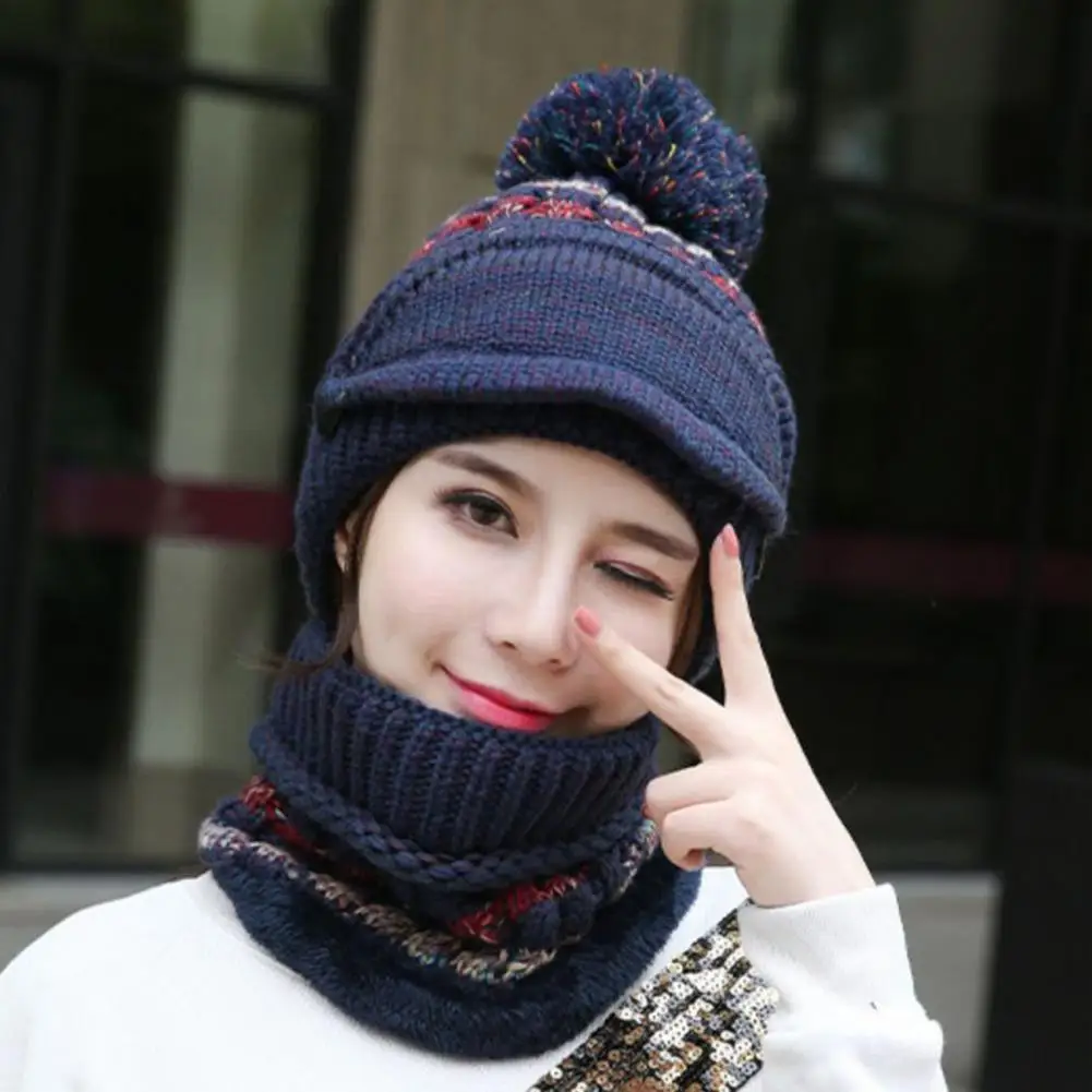 Wool Hat Scarf Velvet Lined Hat Scarf Cozy Knit Hat Scarf Face Guard Set with Plush Lining Furry Ball for Women for Weather