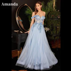 Amanda Baby Blue A-line Prom Dress 2023 Sexy Off Shoulder Party Dress Tulle Sweep Train Flower Birthday Party Dress  فستان سهرة