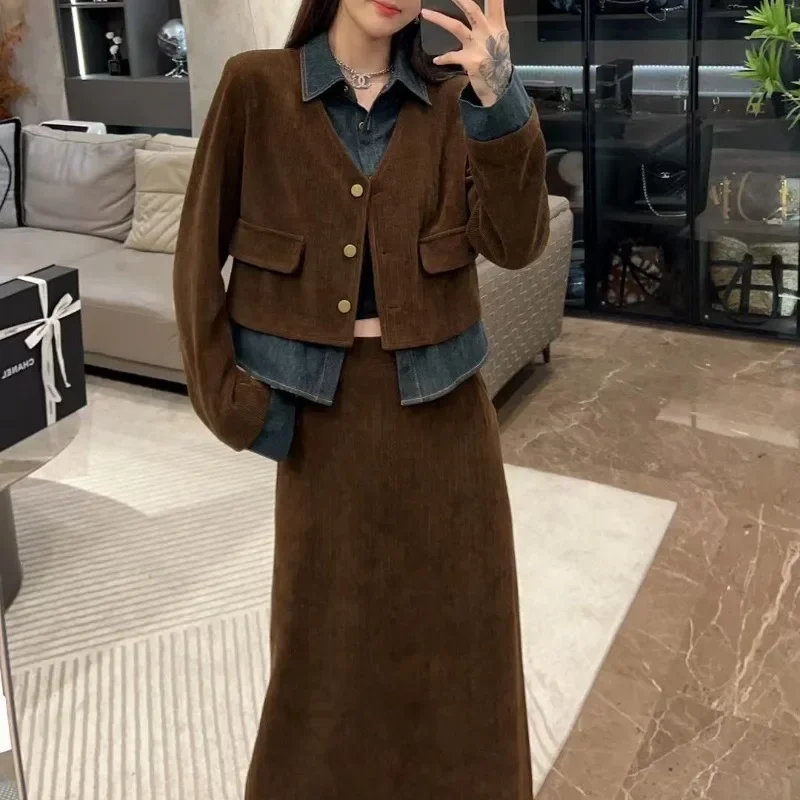 MiiiiX Retro Casual Dress Sets Women Two-piece Set 2024 Autumn Corduroy Denim Splicing Shirt Jacket Outerwears A-line Long Skirt