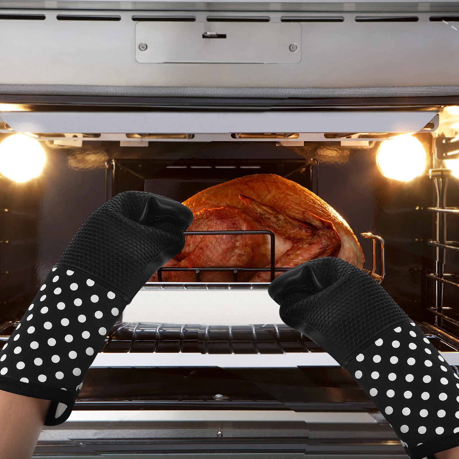 

2Pcs Kitchen Cooking Mitts Heat Resistant Silicone Gloves for Baking Oven Microwave Use Non-Slip Insulated with Hanging Hole