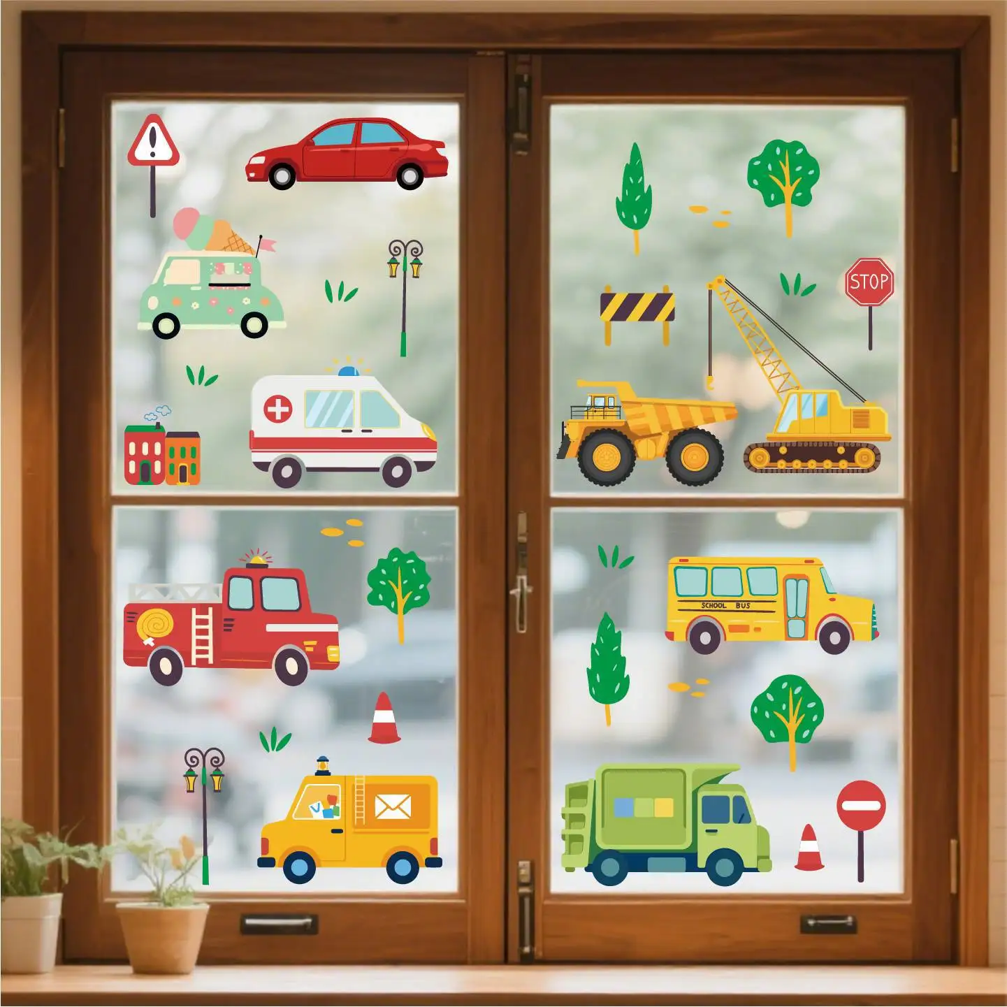 

Cartoon Car Window Stickers Engineering Vehicle Truck Ambulance Static Sticker Happy Birthday Party Decor Glass Wall Stickers