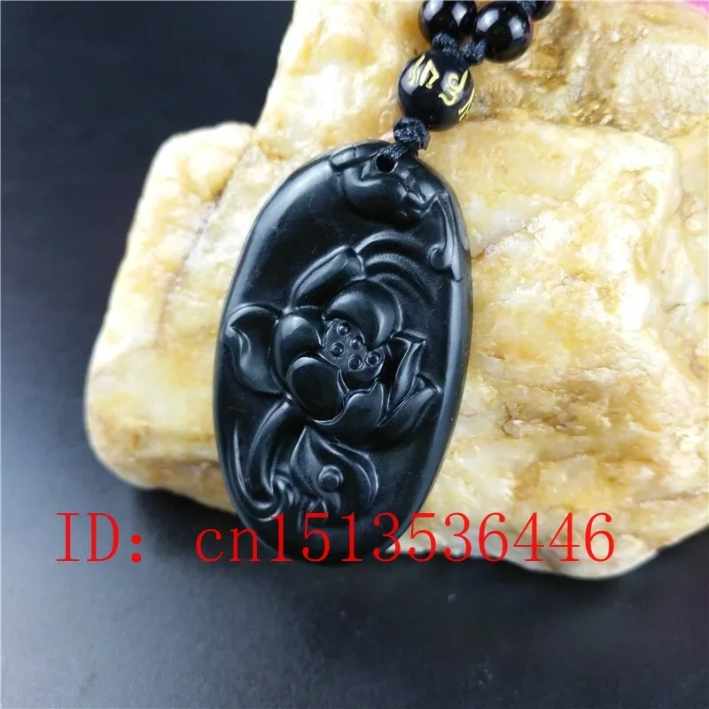 Certified Chinese Natural Black Green Jade Lotus Pendant Necklace Fashion Jewellery Accessories Hand-Carved Lucky Amulet Top