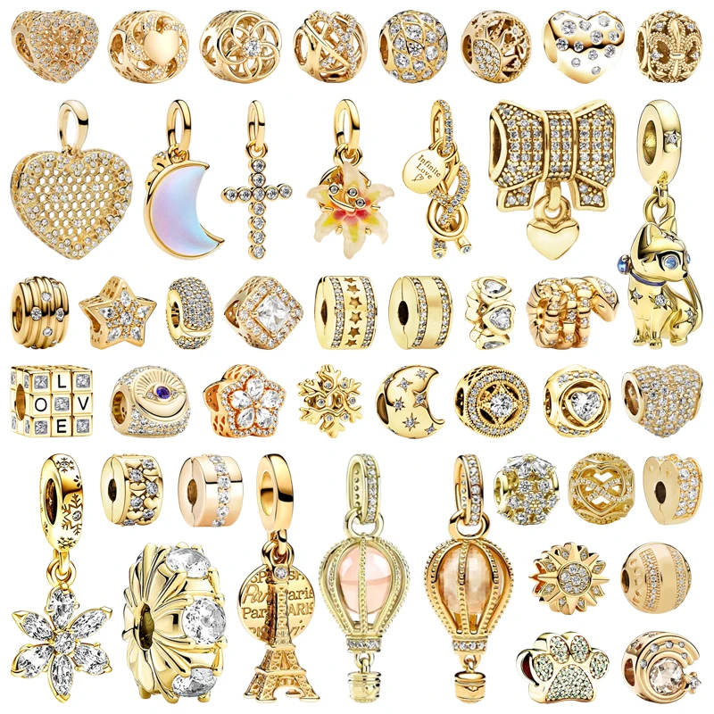 

New DIY Women Jewelry Gifts Sparkling Gold Hot Air Balloon Pet Cat Snowflake Cross Hearts Bow Charm Beads Fit Original Bracelets