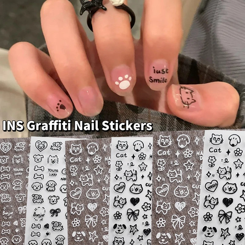 Cartoon Black Cats Nails Sticker Graffiti Painting Cute Kitten Black White Color Design Decals Nail Art Decor