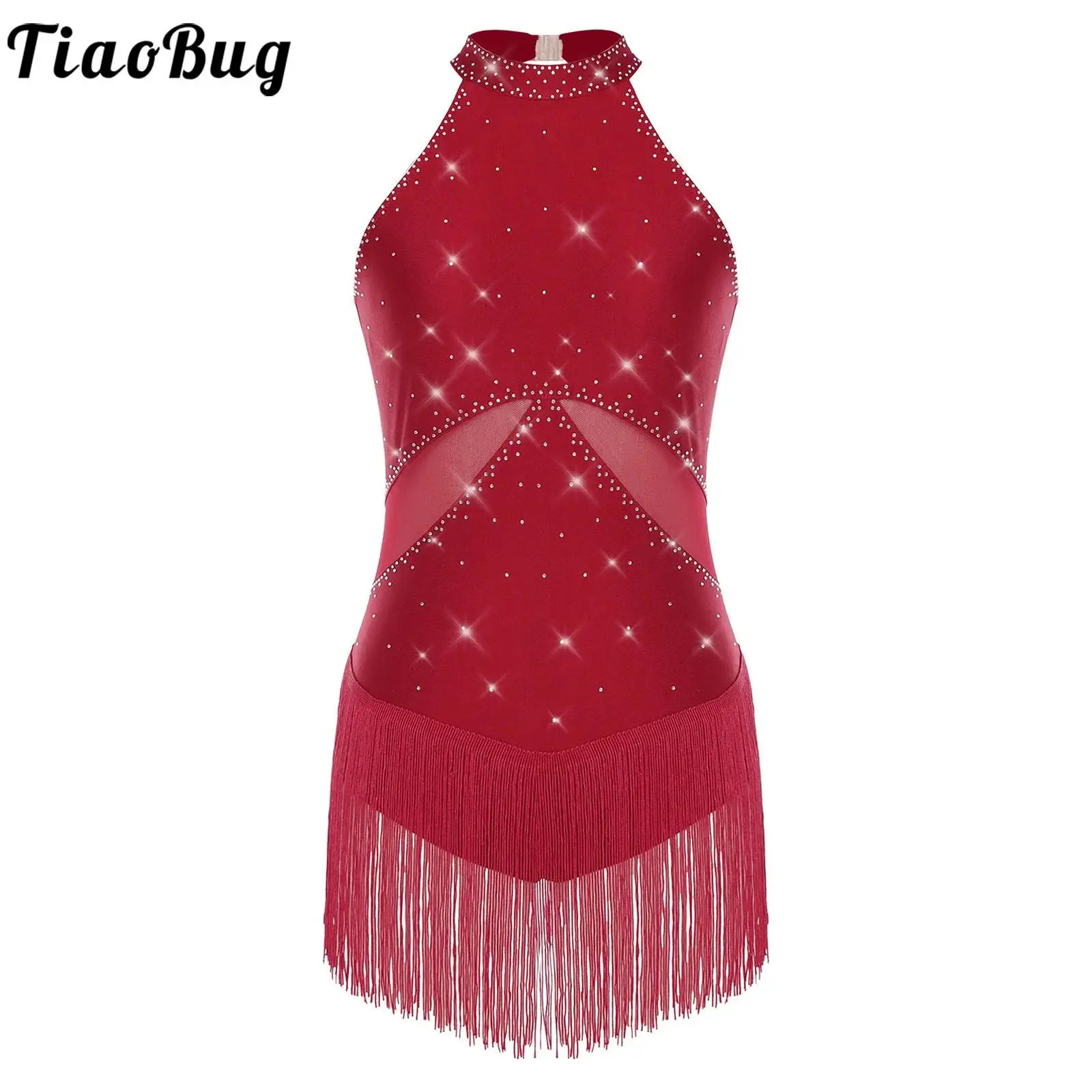 

Women Sleeveless Fringed Bodysuit Modern Latin Jazz Dance Leotard Dress Rhinestones Gymnastics Skating Stage Performance Costume