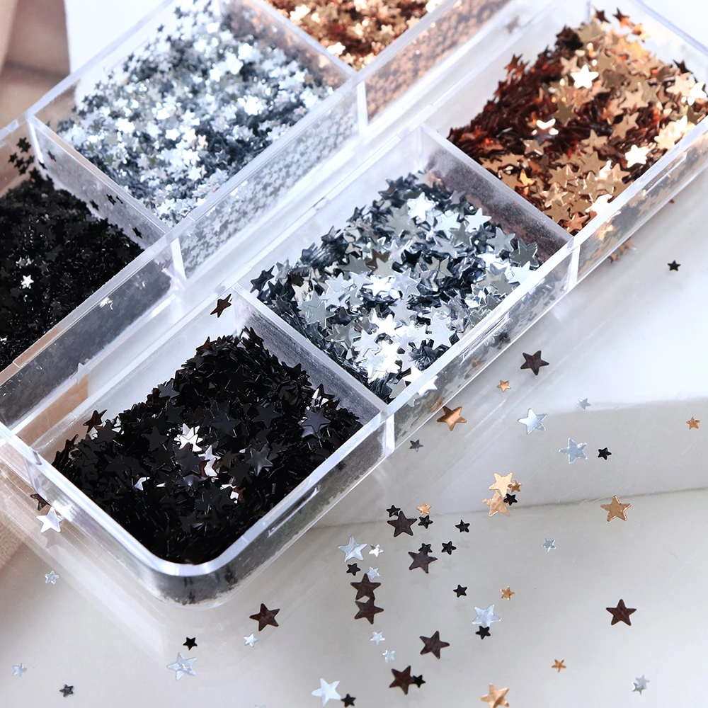 Estrelas prateadas douradas lantejoulas diy acessórios de manicure 1mm 3mm estrela de cinco pontas decorações de unhas flocos brilhantes suprimentos de joias para unhas