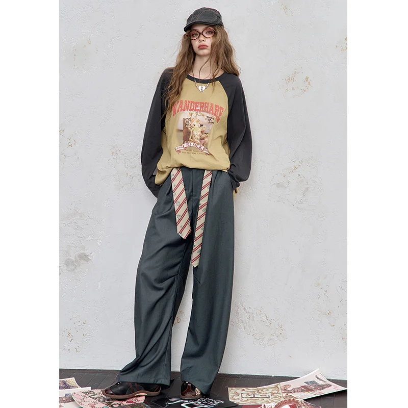 ELFSACK 2025 Autumn New Arrival American Casual Contrast Belt Basic Curve Knife Slim Fit Suit Pants For Woman