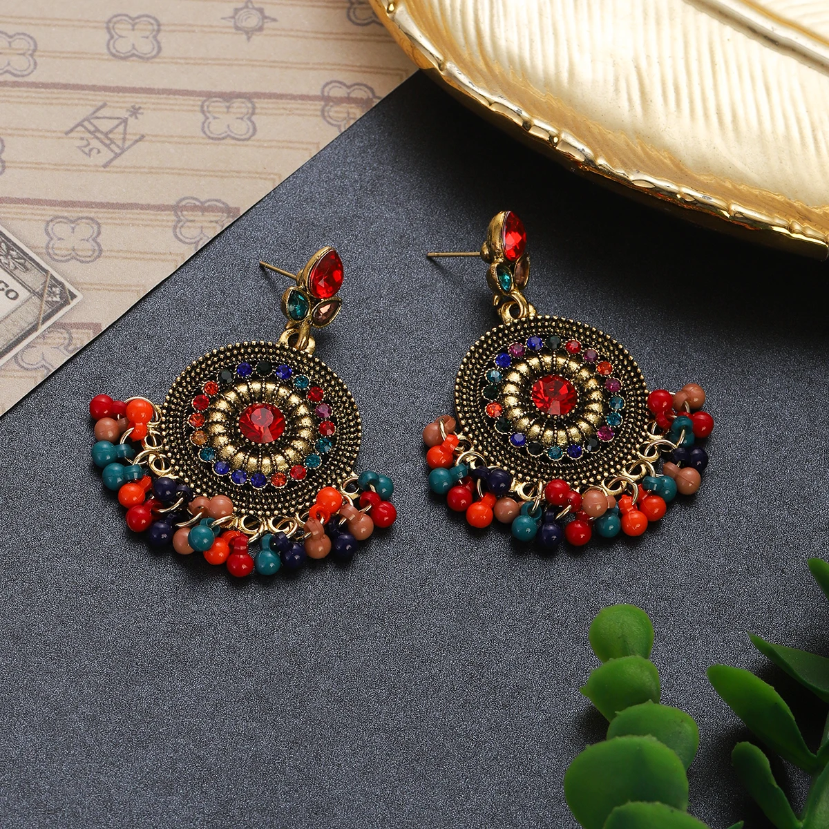 Vintage Crystal Flower Round Pendant Earrings for Women Ethnic Gold Color Indian Jhumka Earrings Beads Tassel Wedding Jewelry