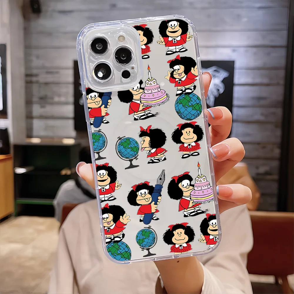 Cartoon Mafalda Cute For IPhone 16 15 14 13 12 11 Pro Max Plus Transparent Magnetic Suction Phone Case