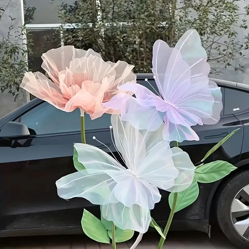 2Pcs 3D Simulation Butterfly Outdoor Wedding Flower Arch DIY Decoration Birthday Party Baby Shower Hanging Gauze Fake Butterfly