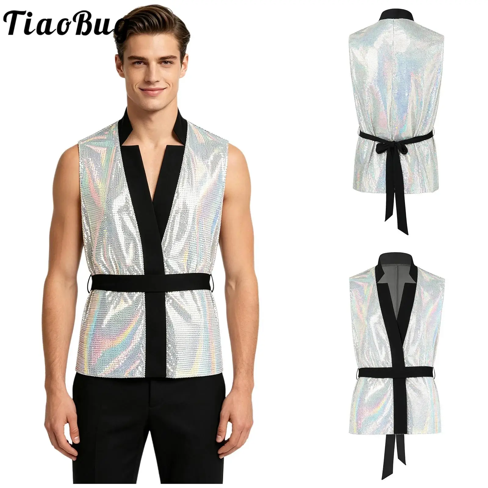 Men Sparkly Sequin Waistcoat Tango Samba Disco Party Stage Performance Costume Deep V-neck Sleeveless Vest for Latin Jazz Dance