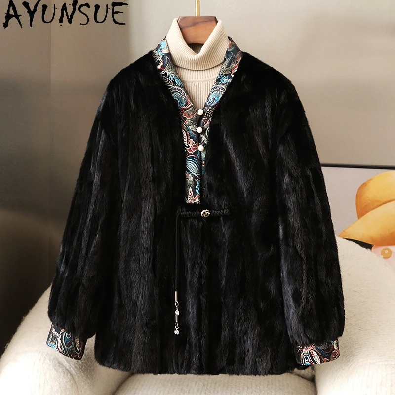 

AYUNSUE Real Mink Fur Coat Women Clothes Luxury Fur Coats Woman Mink New in Outerwears Winter Jacket V-neck 2025 Шуба Женская