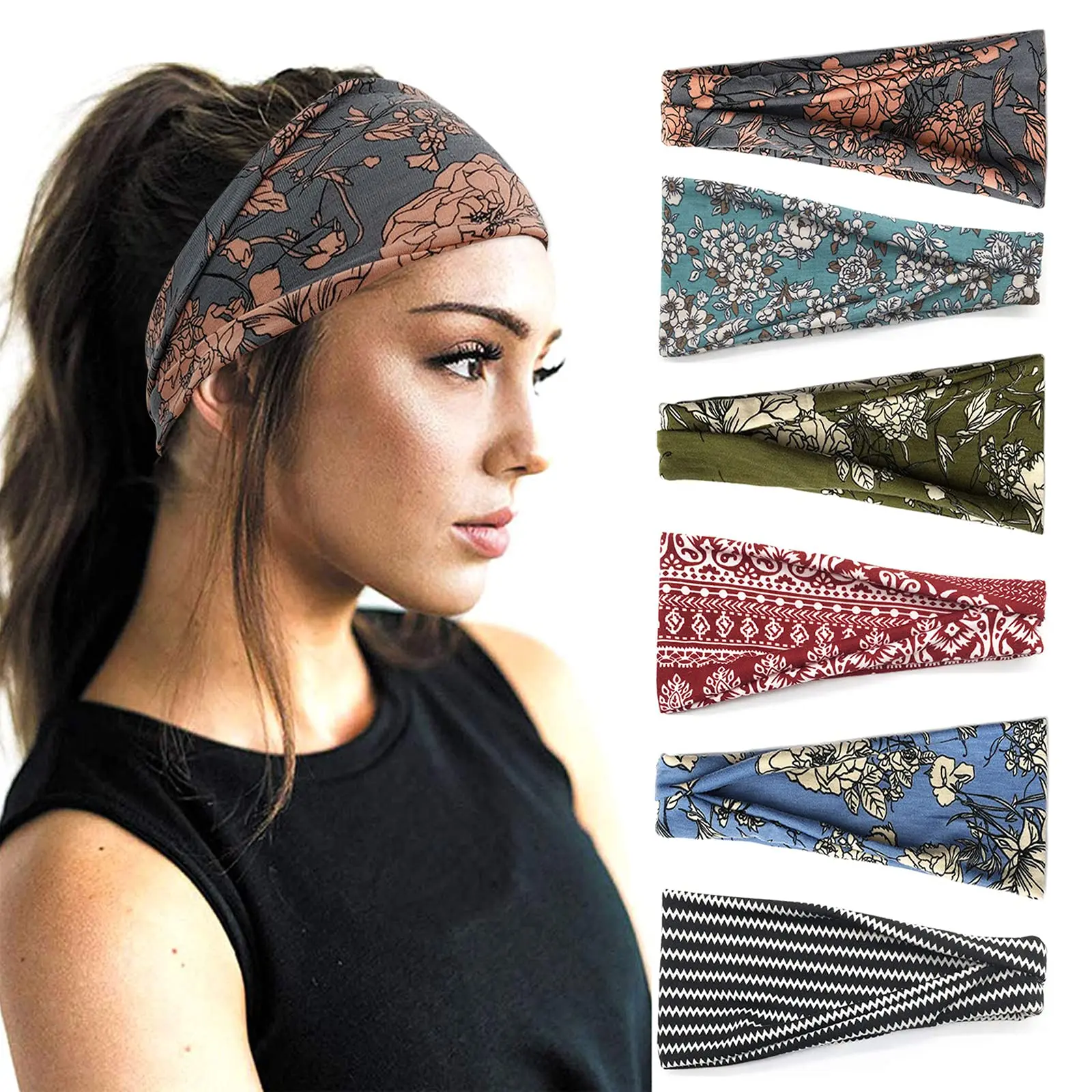 6 Pack Boho Headbands For Women Fashion Wide Headband Yoga Workout Head Bands Hair Accessories Band