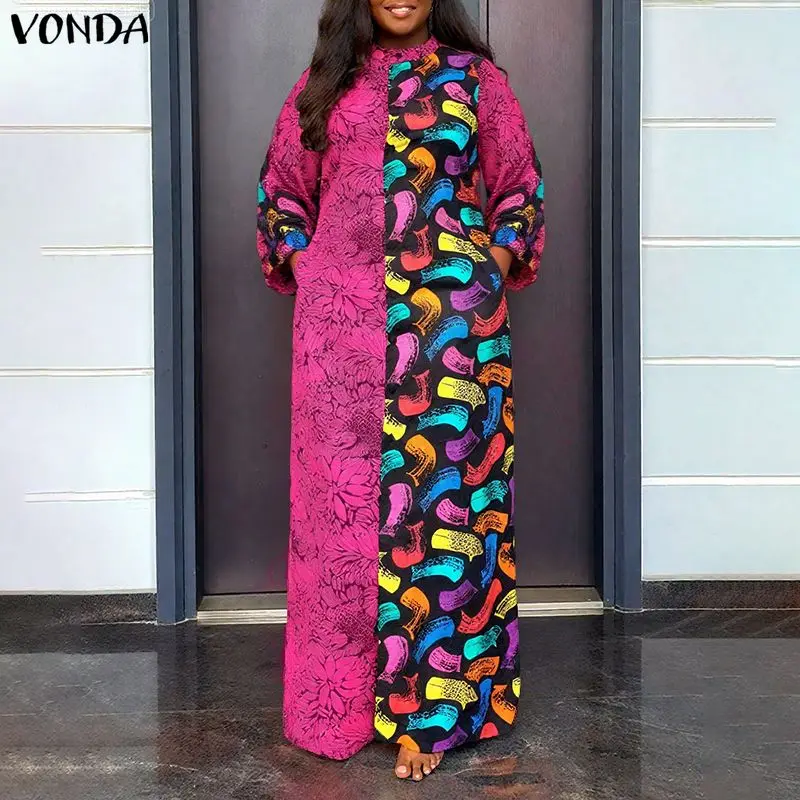 

VONDA богемные платья размера плюс 5XL, женские модные платья с воротником-стойкой и принтом, винтажный вечерний халат макси, осенняя длинная рубашка, женское платье