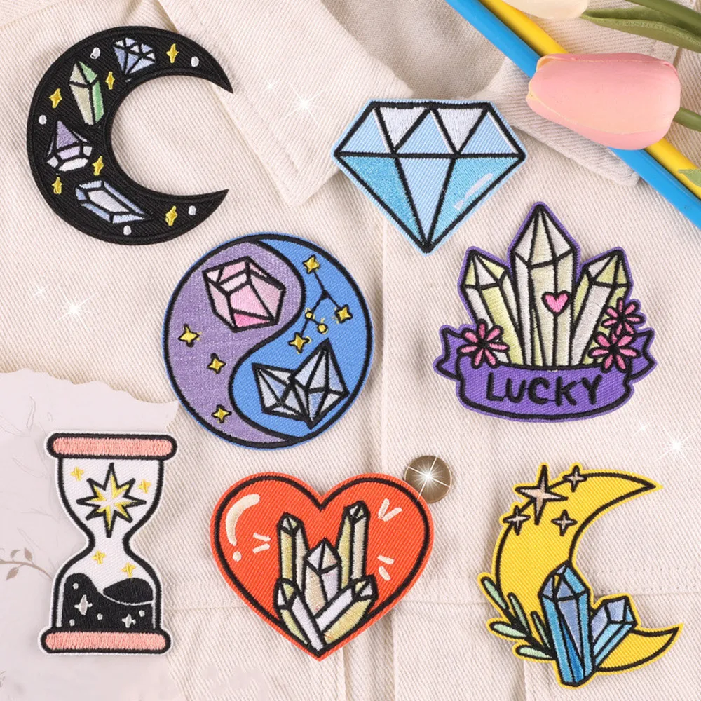 Diamond Moon Heart Funnel Patch For Clothing Backpack Decoration Small Applique Iron On Embroidery Patches Badge