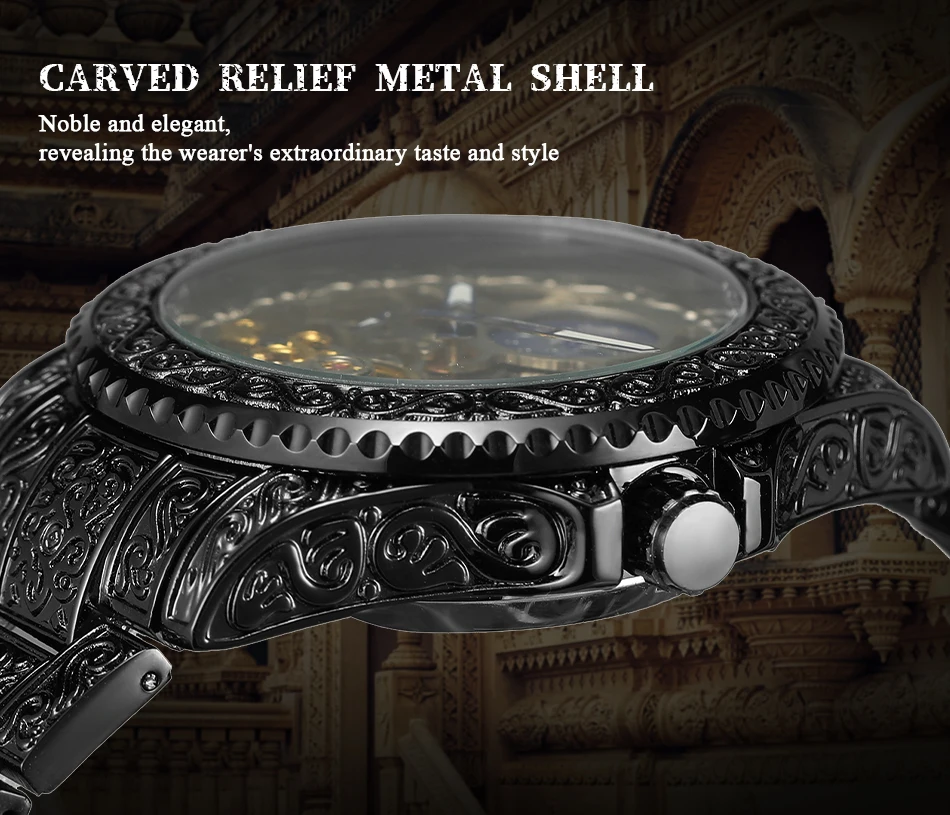 FORSINING Vintage Carving Mens Watch Automatic Skeleton Mechanical Luminous Luxury Stainless Steel Fashion Moon Phase Wristwatch