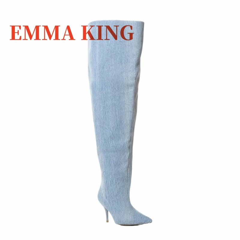 الدنيم الفخذ العليا خنجر الأحذية مثير أشار تو فوق الركبة الانزلاق على أحذية مثير النساء الخريف الشتاء فستان الحفلات الأحذية الأحذية