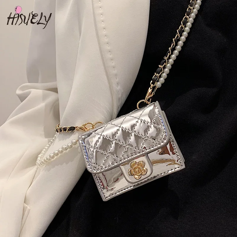 2024 Luxury Mini Leather Bag Women Hanging Neck Camellia Bags Rhombus Earphone/Lipstick/Keys bag Pearls Chain Chest Waist Pack