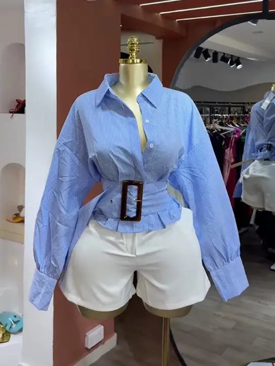 Women's Clothing 2025 Autumn New Design Lapel Waist Cinching Lace Up Short Striped Long Sleeved Shirt Commuting Elegant Shirt