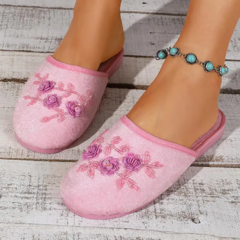 Bunte Pailletten-Blumen-Hausschuhe für Damen, Herbst, leichte, weiche Plüsch-Mules, warme Schlafzimmer-Slipper für Frauen – Detail 8