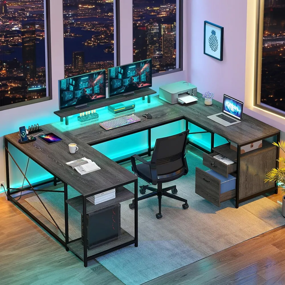 

u shaped desk with drawers, 79" reversible l shaped desk with power outlets & led lights, corner computer desk with monitor