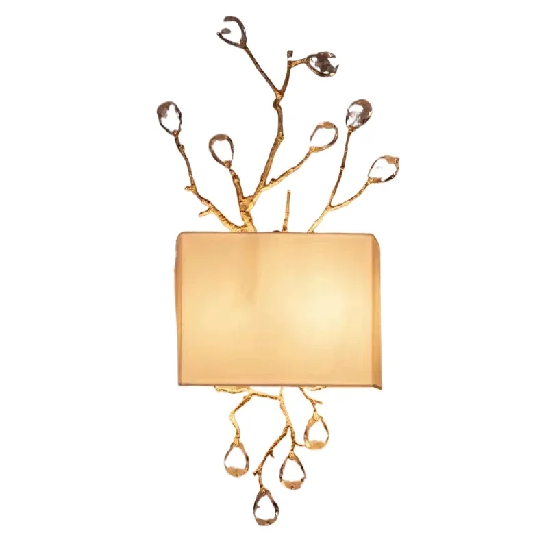 New Chinese crystal all-copper wall lamp soft decoration design villa hotel model room designer pure copper bedroom wall lamp