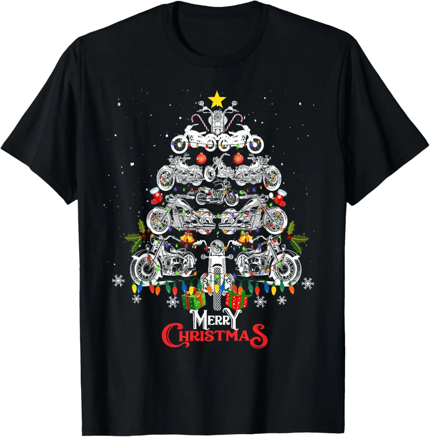 

Merry Christmas Motorcycle Tree Christmas Lights Biker Xmas T-Shirt Motorcycle