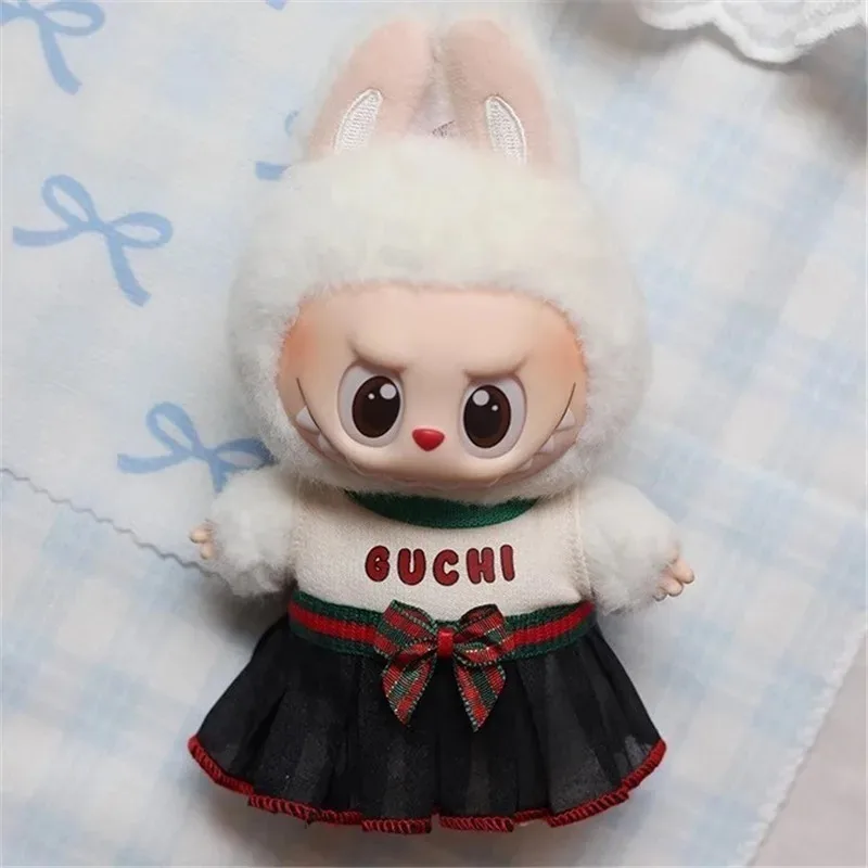 ชุดกระโปรงลายทางสีแดงน้ำเงินสุดหรูสำหรับตุ๊กตา Labubu ขนาด 15-17 ซม. พร้อมรองเท้าหนังแฟชั่น ชุดเสื้อผ้าและเครื่องประดับ