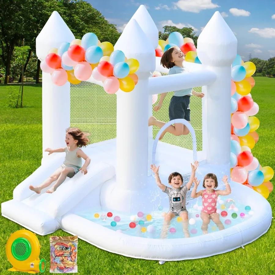 화이트 바운스 하우스, 에어 블로워 포함 풍선 바운스 하우스, 파티, 결혼식, 뒷마당 행사용 볼풀이 있는 점핑 캐슬 하우스