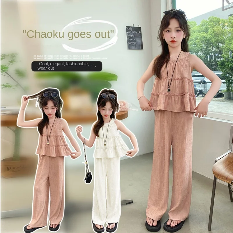 2Pieces Kids Girls Clothing Sets Korean Style Fashion Sleeveless Top+Long Pants 2pcs Suit  Teenage Children's Clothing 5-15years