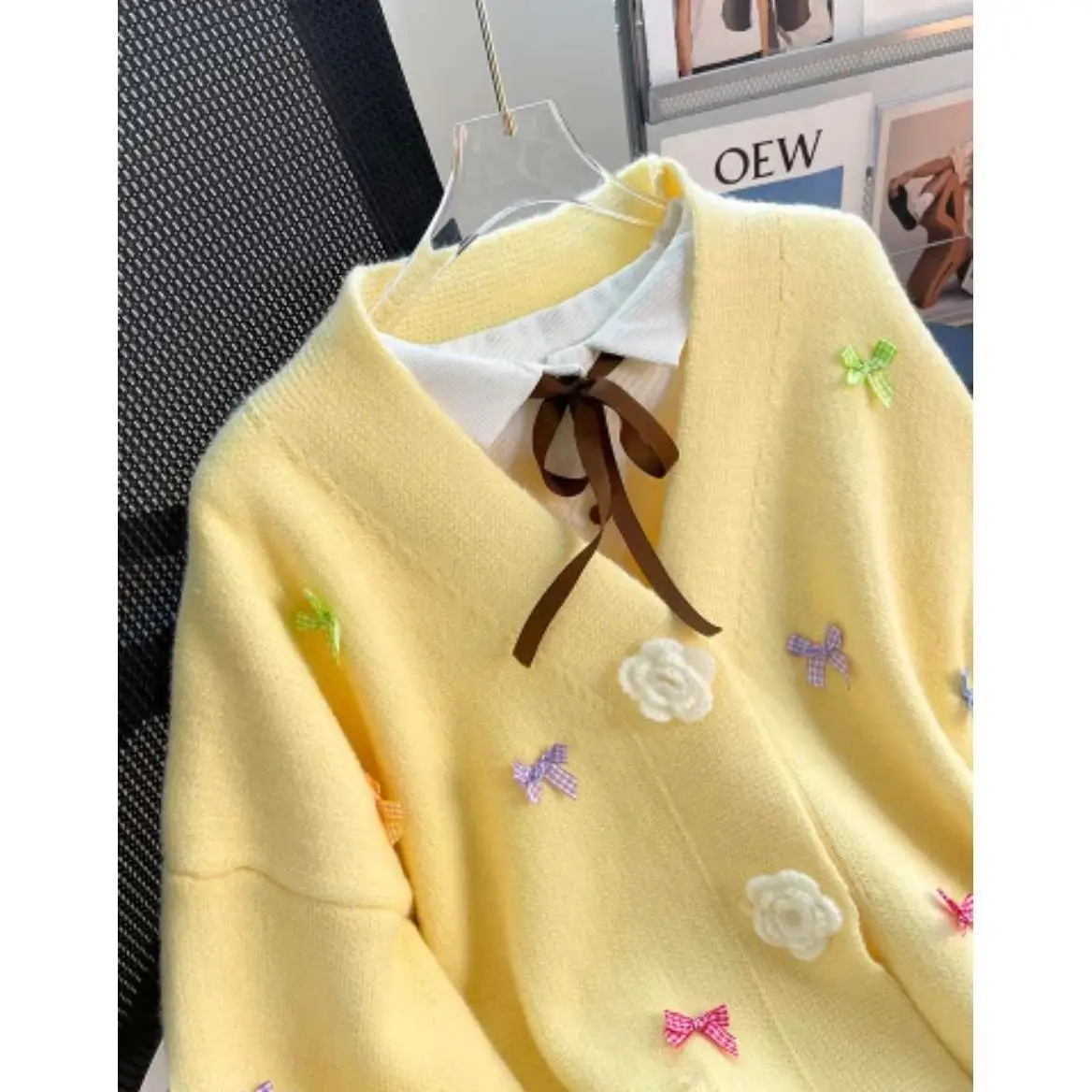 Korean Lively Cute Bow Knitting Cardigan Femme Autumn Winter New Loose Sweet Bright Line Decoration V-neck Trend Sweater Coat