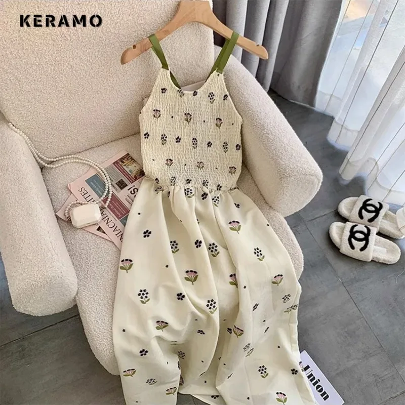 2024 estate Casual stile dolce girocollo bretella abiti Midi fata delle donne senza maniche in Chiffon elegante abito con stampa floreale