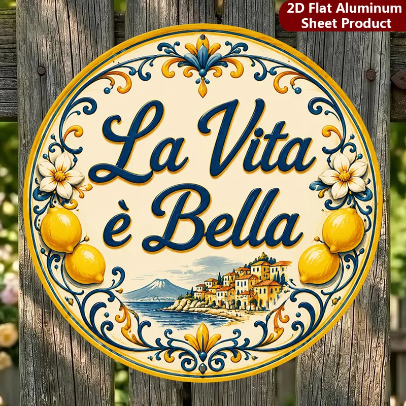 2D Flat, 1pc, La Vita Bella Sign - 20.32X20.32 cm, Vintage Floral Metal Wall Decor, Italian Style Decorative Sign Suitable for G