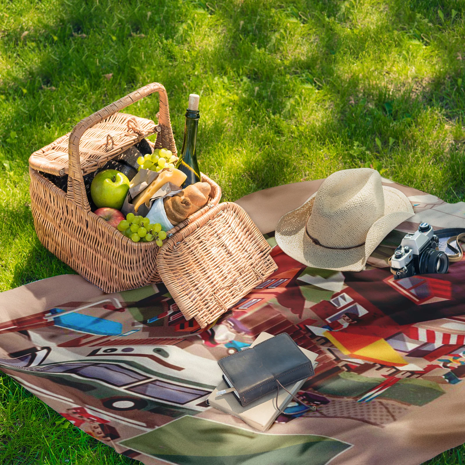 Manta al aire libre con casas, árboles, globos y montañas, diseño para picnics, acampar y aventuras al aire libre en la naturaleza