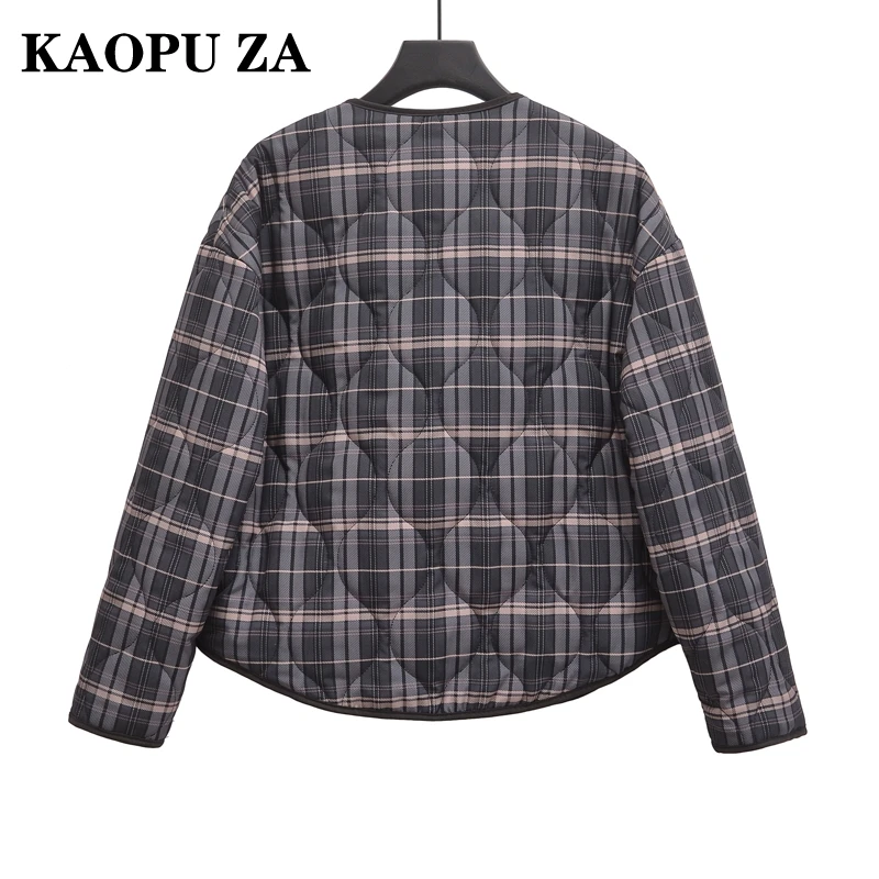 KAOPU ZA 2024 Autumn Woman's Casual Long Sleeve Top Coat Fashion Winter Female V-Collar Outerwear Ruffles Pockets Jacket Plaid