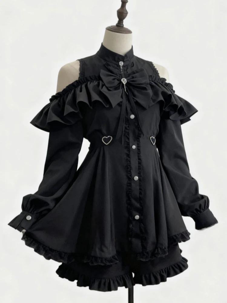 اليابانية لوليتا فستان المرأة القوس السراويل فستان مجموعة الحلو كم طويل مطبوعة خمر فساتين حفلة Kawaii تأثيري Y2k وتتسابق