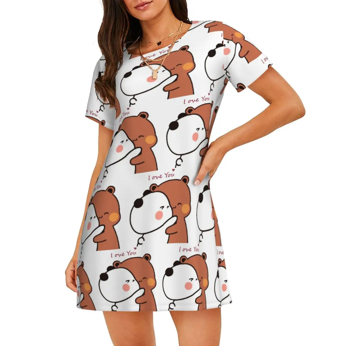 Custom Bubu Dudu Panda And Brownie Bear Couple Short Sleeves Nightdress For Sleeping Women Short Sleeve Nightgowns Pajama Dress