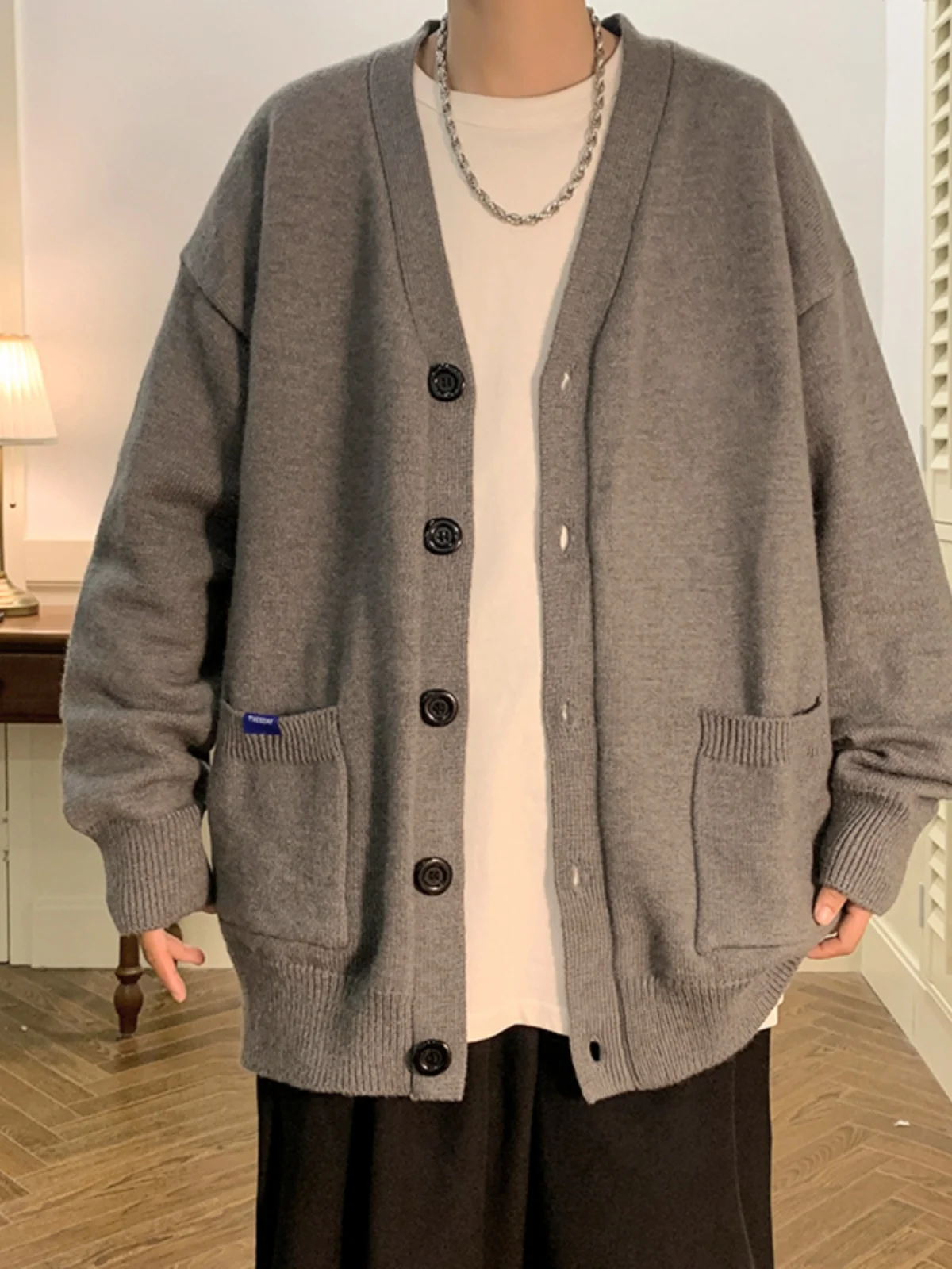 

Spring Autumn Loose Men's Knitted Sweater Korean Lazy Sle Jaet V-ne Long Sve Faionable American Brand Casual Top